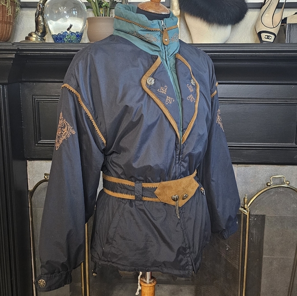 Vintage Obermeyer Geneva Embroidered Suede Trim Belted Ski Jacket 12P - Picture 2 of 14